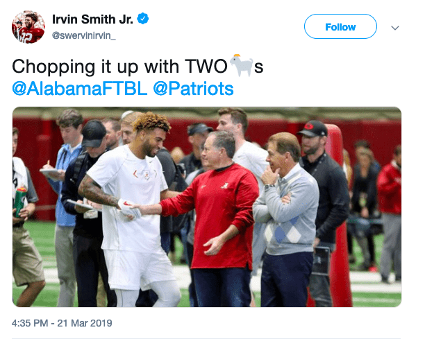 Irv Smith Jr. pictured with Bill Belichick and Nick Saban