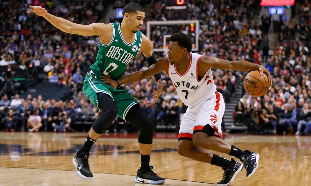 Celtics Playoff Preview and Predictions - Feb 26, 2019; Toronto, Ontario, CAN; Toronto Raptors guard Kyle Lowry (7) drives to the net against Boston Celtics forward Jayson Tatum (0) during the first half at Scotiabank Arena. Mandatory Credit: John E. Sokolowski-USA TODAY Sports