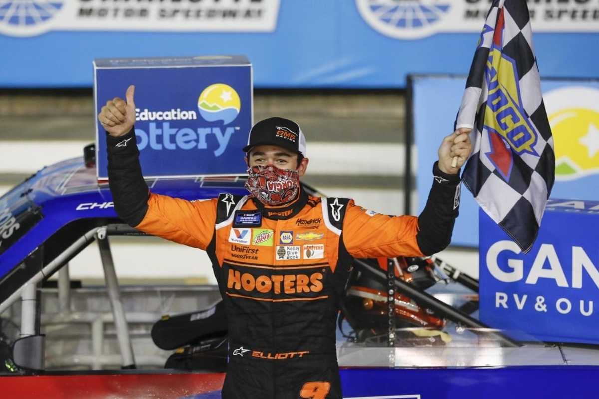 PC: Fox News Chase Elliott bows after winning Tuesday night's NC Education Lottery 200 at Charlotte Motor Speedway