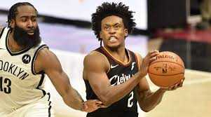 From left to right: James Harden #13 guarding Collin Sexton #2