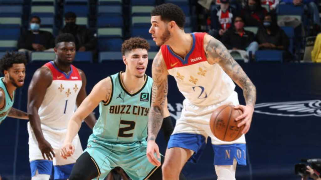 LaMelo guarding Lonzo during a recent matchup between the Hornets and Pelicans in New Orleans.