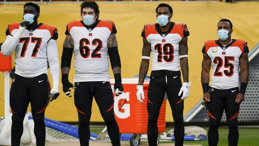 Cincinnati Bengals players standing on the sideline, masked up, during the 2020 NFL season