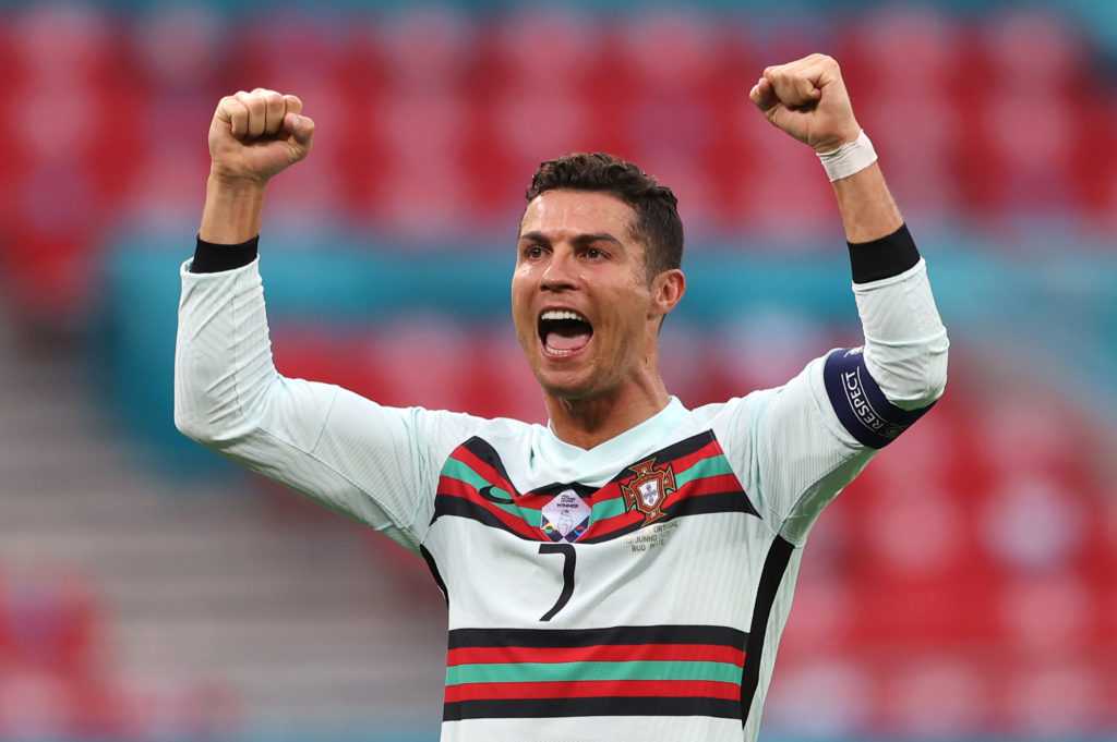 Cristiano Ronaldo celebrates victory at Euro 2020.
