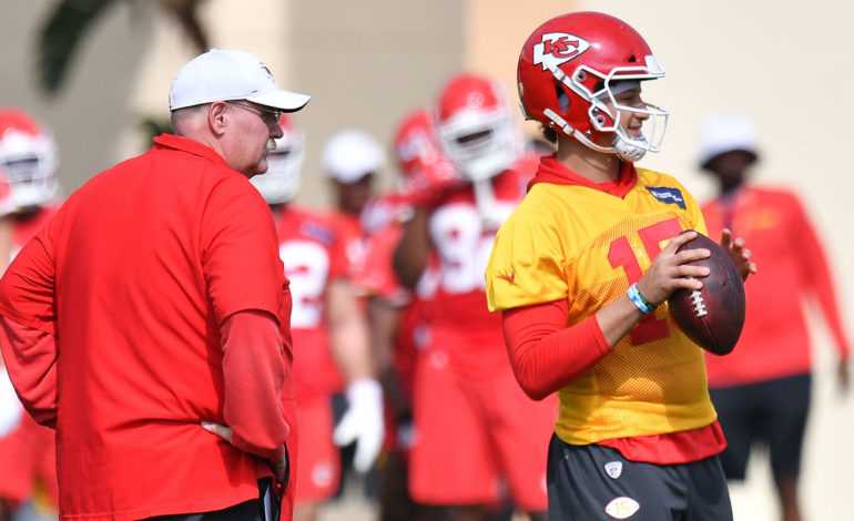 Chiefs head coach Andy Reid and quarterback Patrick Mahomes during team training camp "pictured here"