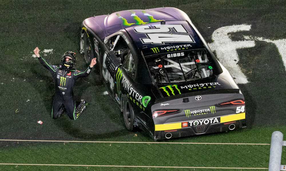 Ty Gibbs celebrating his first Xfinity Series victory at the Daytona road course.