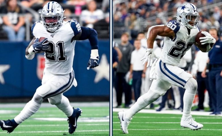 Dallas Cowboys running backs Ezekiel Elliot and Tony Pollard carrying the ball in a split image. "pictured here"