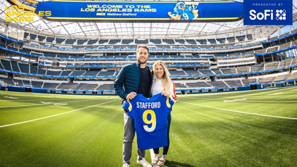 Rams quarterback Matthew Stafford and wife, Kelly Hall, visiting SoFi stadium for the first time since being traded. "pictured here"