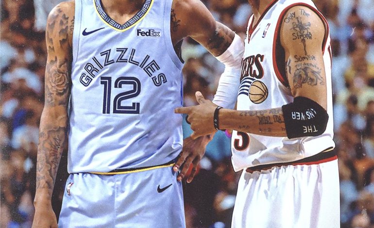 Ja Morant and Allen Iverson sharing a hypothetical discussion.