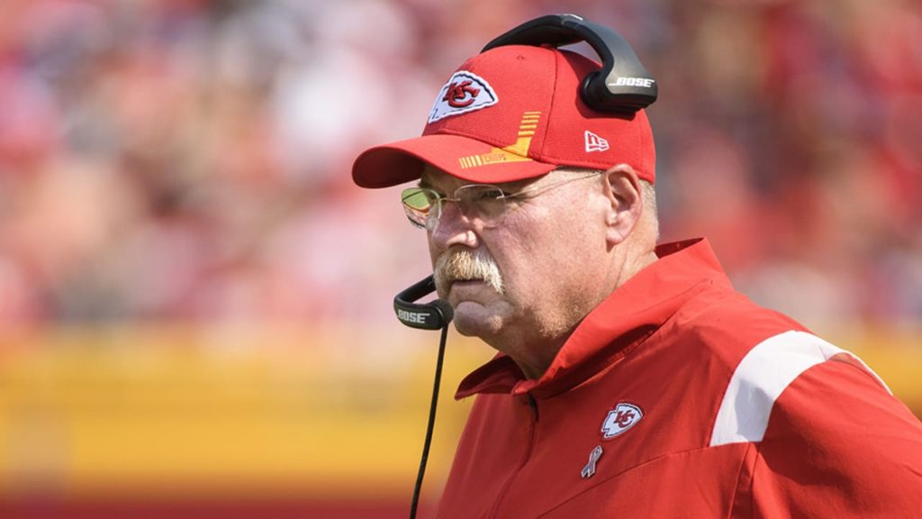 Kansas City Chiefs head Andy Reid standing on the sideline during a game. "pictured here"