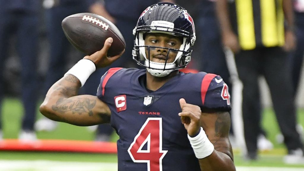 Potential trade candidate quarterback Deshaun Watson of the Houston Texans throwing a pass during a game. "pictured here"