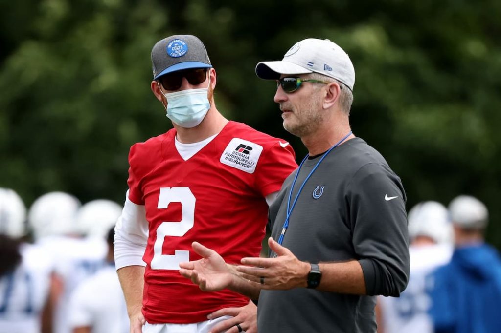 Indianapolis Colts quarterback Carson Wentz and head coach Frank Reich talking duirng a practice. "pictured here"