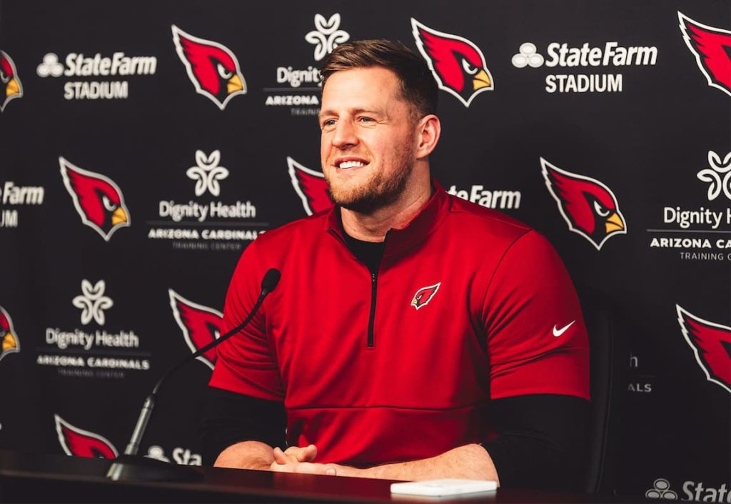 Recently acquired Arizona Cardinals defensive lineman J.J. Watt answering questions during a press conference. "pictured here" 