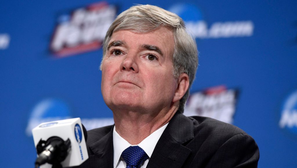 NCAA president Mark Emmert answering questions at a press conference. "pictured here"