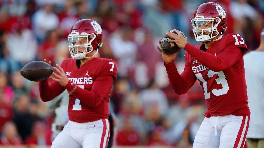 Oklahoma Sooners quarterbacks Spencer Rattler and Caleb Williams warming up prior to a game. "pictured here"