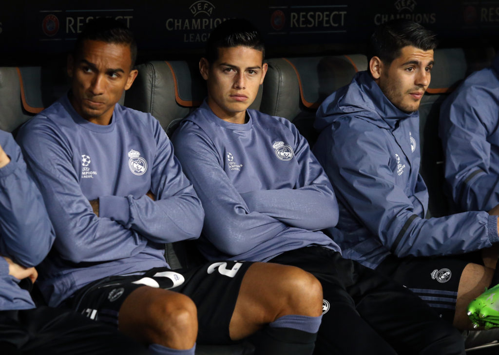James Rodriguez sits on the bench for Real Madrid.