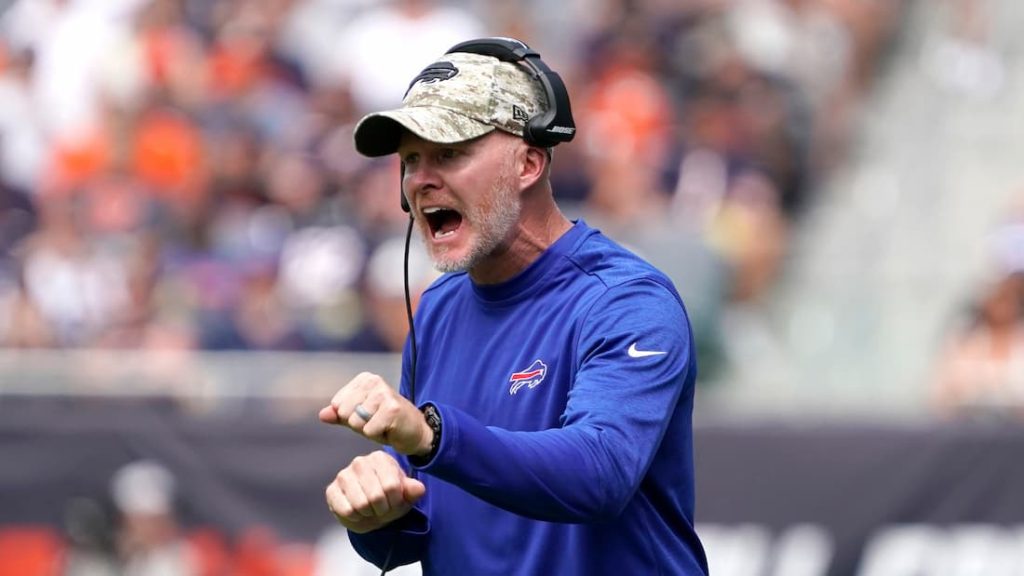 Buffalo Bills head coach Sean McDermott yelling at his team during a game. "pictured here"