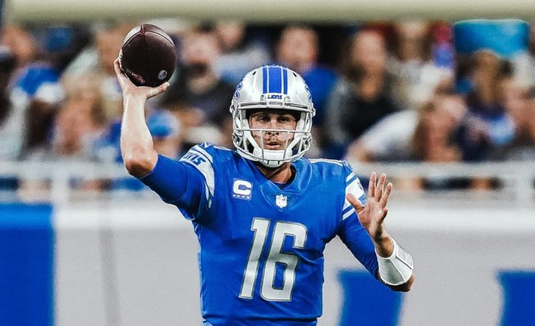 Detroit Lions quarterback Jared Goff throwing the ball during a game. "pictured here"