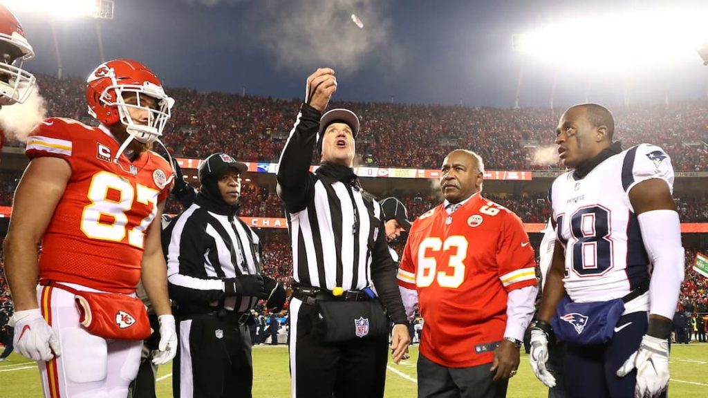 A coin toss between the Kansas City Chiefs and the New England Patriots prior to a game. "pictured here"