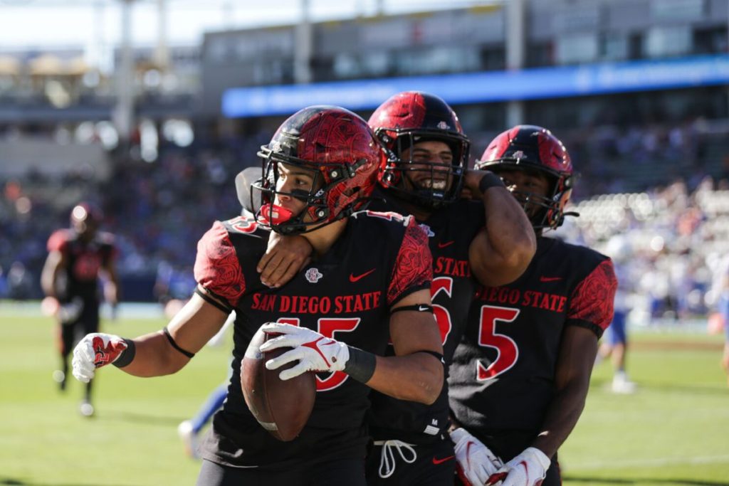 San Diego State celebrates during their previous game against Boise State. San Diego St. plays Utah state for the Mountain West Conference Championship.