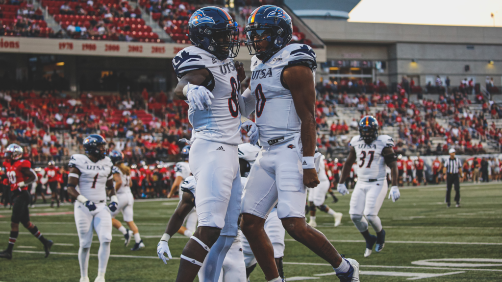 UTSA celebrates against Western Kentucky earlier this year. WKU and UTSA play again for the C-USA conference championship.