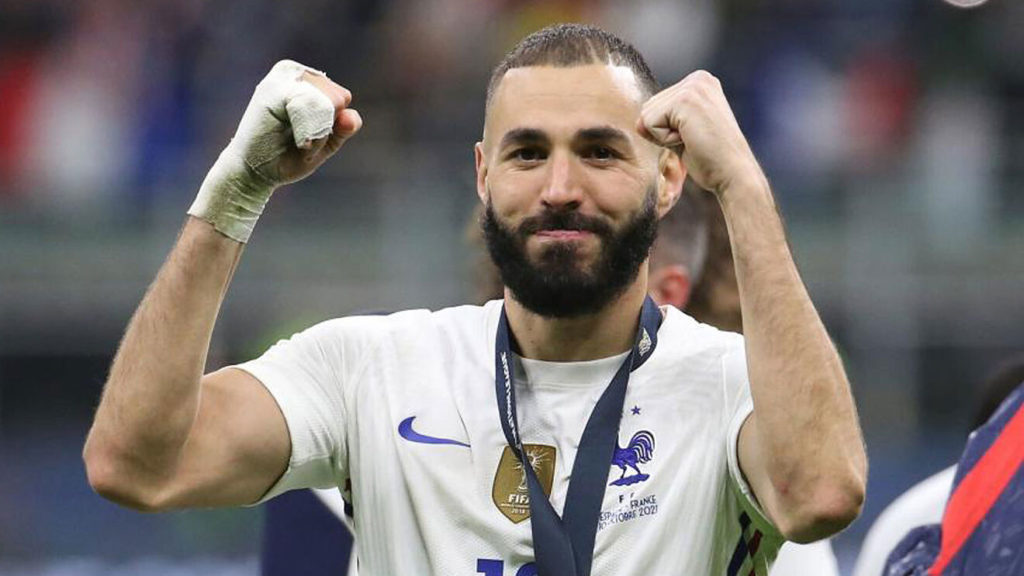 Karim Benzema celebrates for France.
