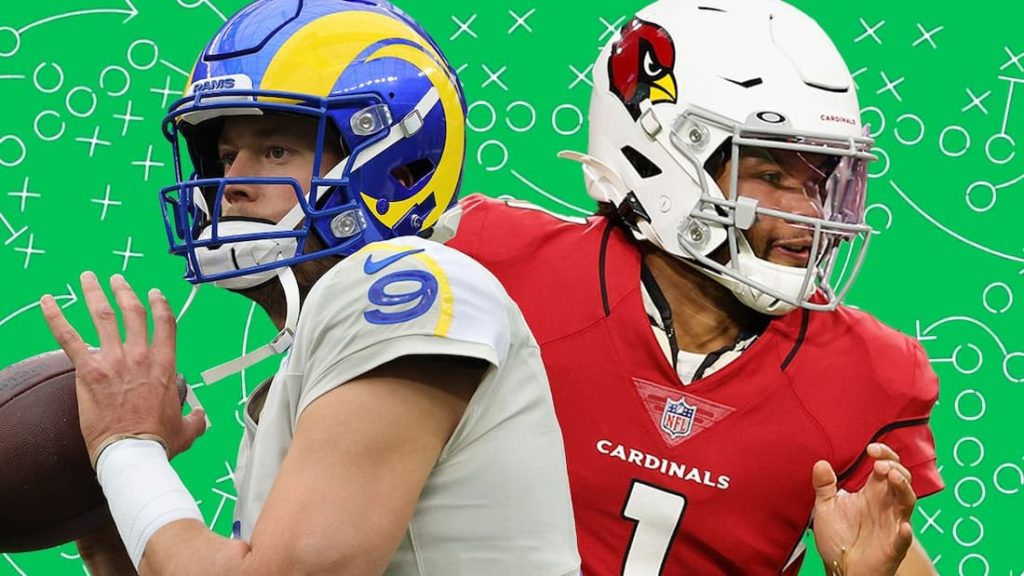 A graphic with Los Angeles Rams quarterback Mathew Stafford on the left and Arizona Cardinals quarterback Kyler Murray on the right. "pictured here"