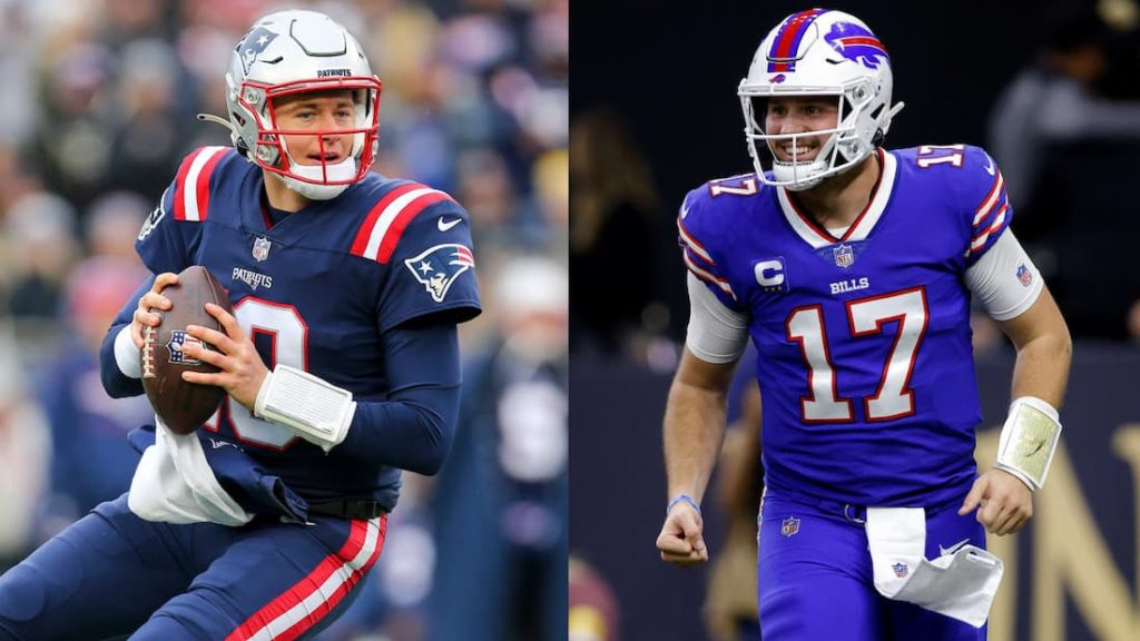 New England Patriots rookie starting quarterback Mac Jones and Buffalo Bills quarterback Josh Allen in-game pictures placed side by side. "pictured here"