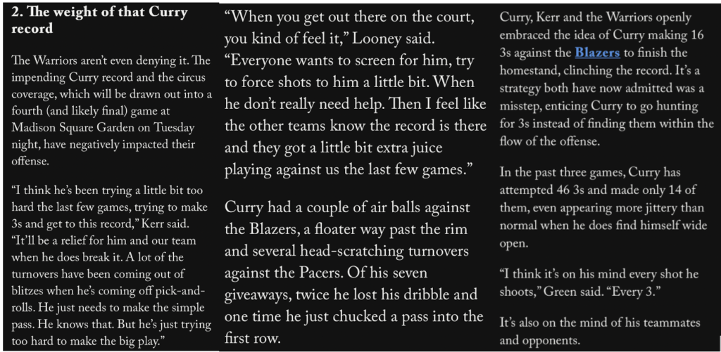 Block quote of the Warriors discussing the weight of the Curry record.