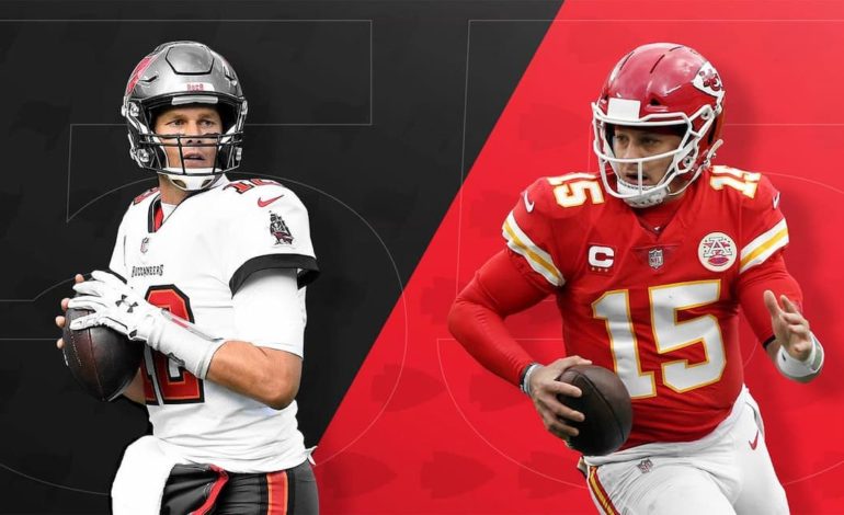 Graphic featuring Tampa Bay Buccaneers quarterback Tom Brady on the left and Kansas City Chiefs quarterback Patrick Mahomes on the right. "pictured her"