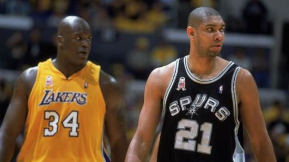 Shaquille O'Neal of the Lakers and Tim Duncan of the Spurs.