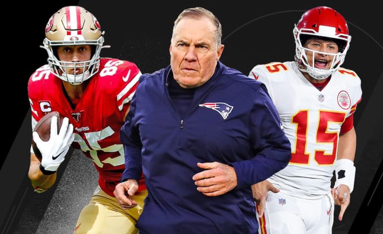 A graphic with San Francisco 49ers tight end George Kittle, New England Patriots head coach Bill Belichick, and Kansas City Chiefs quarterback Patrick Mahomes from left to right. "pictured here.