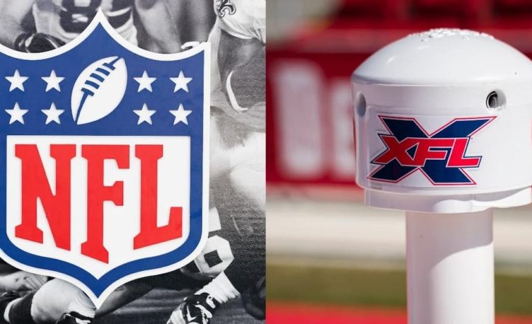 A graphic with the NFL logo on the left and the XFL logo on the right. "pictured here"