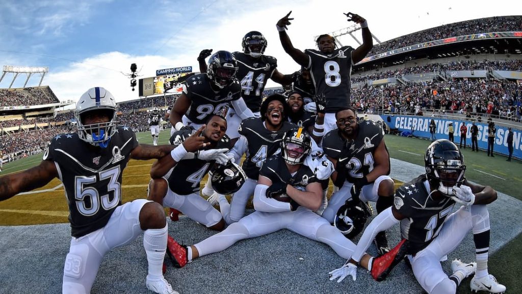 Linebackers from the AFC Squad posing in the end zone during Pro Bowl weekend. "pictured here"
