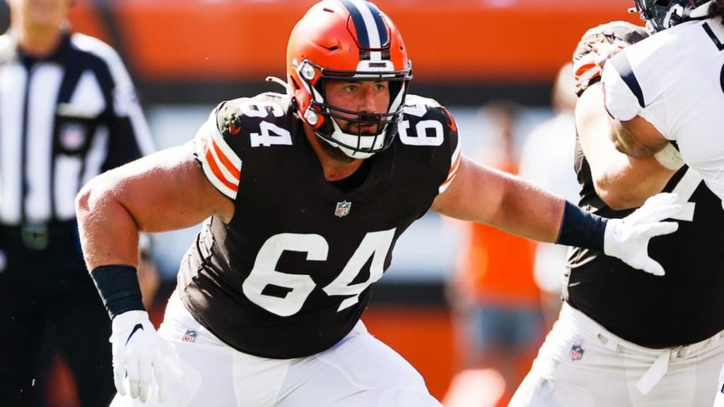 Former Cleveland Browns center J.C. Tretter pass blocking during a game last season. "pictured here"