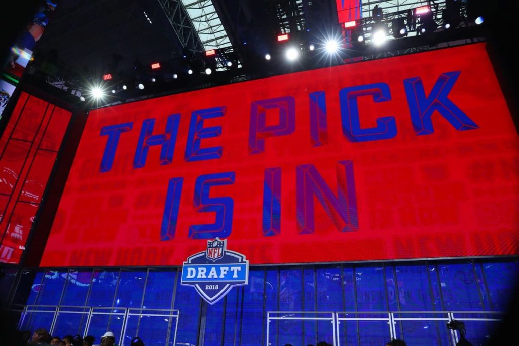 Picture of the Pick Is In taken display from the 2018 NFL draft. "pictured here"