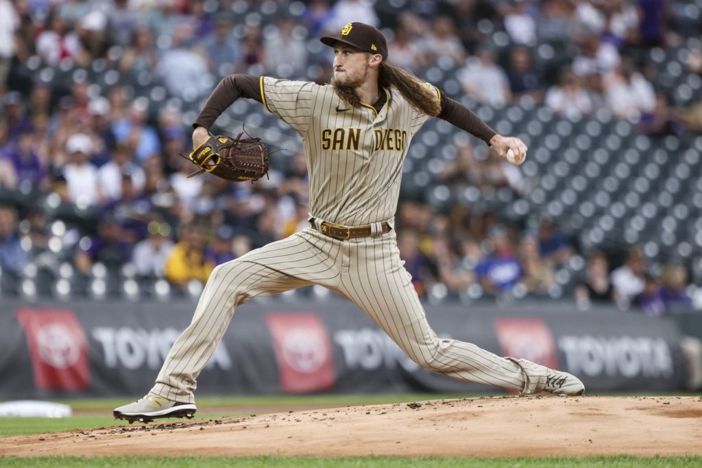 Newcomer Matt Strahm the best of the bunch so far in Red Sox bullpen in 2022. Pictured: Matt Strahm pitching for San Diego Padres in tan-ish jersey with brown lettering with yellow/gold outline. 