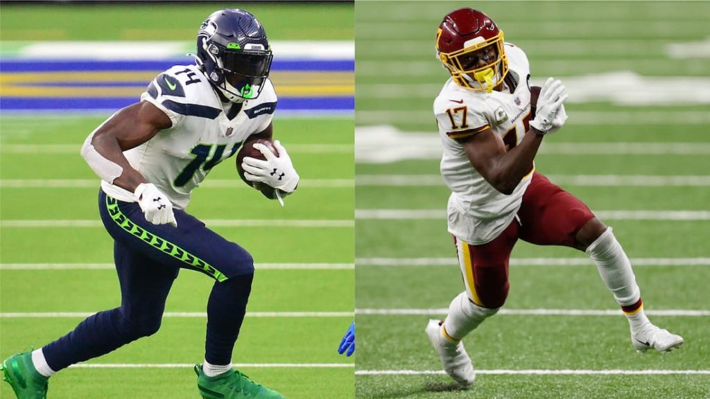 Graphic Featuring Seattle Seahawks D.K. Metcalf on the left and Washington Commanders Terry McLaurin on the right. "pictured here"