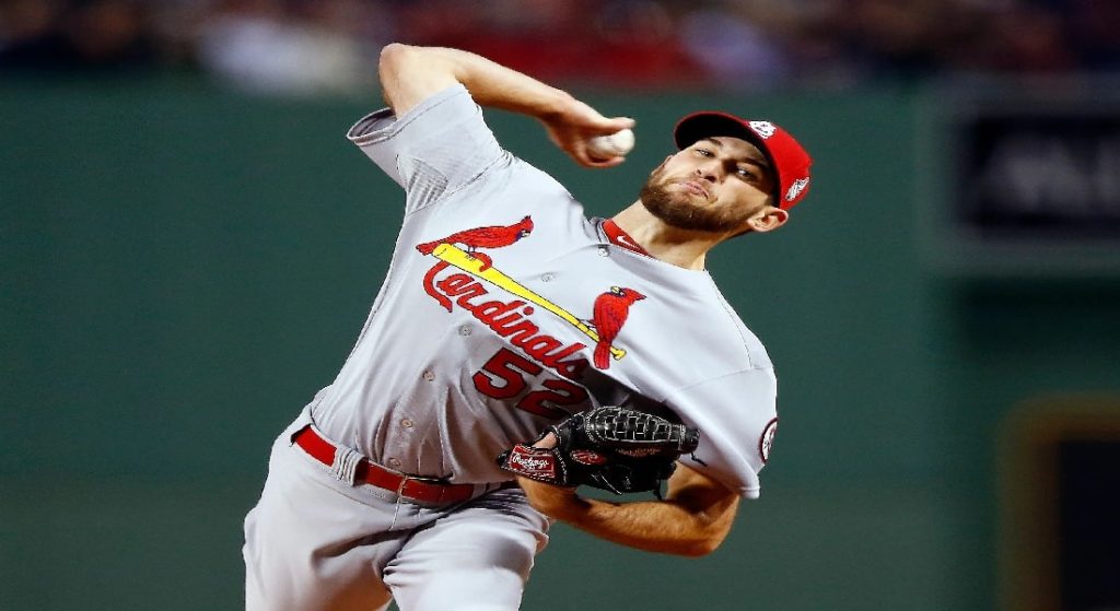 2022 Michael Wacha is the best version of himself in years. Pictured: Wacha pitching in the 2013 World Series for the St. Louis Cardinals in their gray road jerseys with red lettering that reads Cardinals. 