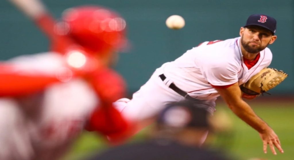 Michael Wacha's fastball/changeup combo has worked phenomenally in 20222. Pictured: Michael Wacha in Red Sox home white jerseys with red lettering that reads Red Sox with black outlining. 