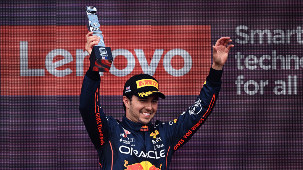 ergio "Checo" Perez held up his second-place trophy at Silverstone in 2022. (Source: Twitter@redbullracing)