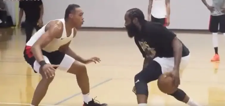 Harden dribbling vs Barnes as the run gets competitive.