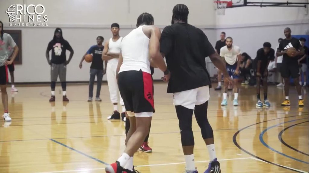 Barnes leaning on Harden as they get competitive in open gym.