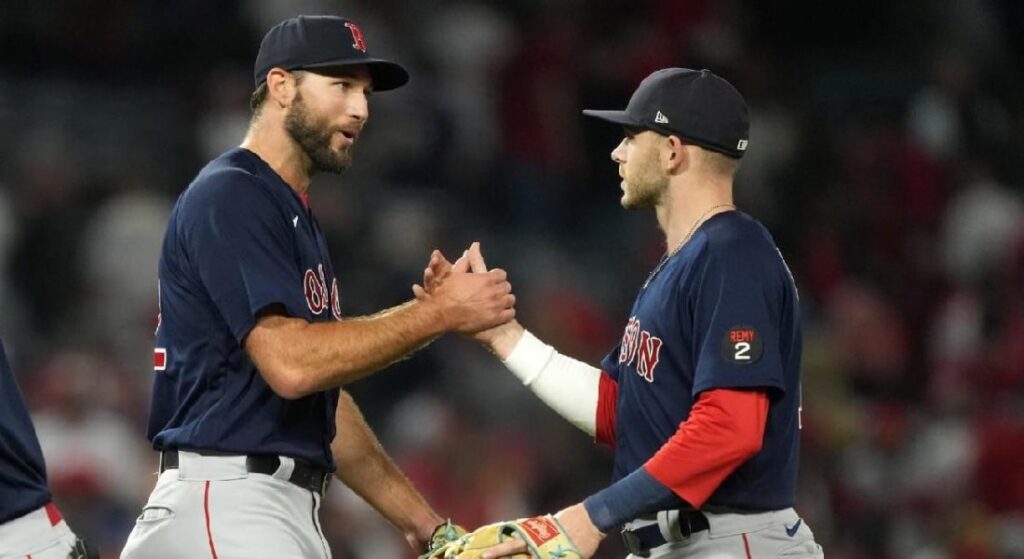 Red Sox' starter Michael Wacha shaking hands with his second baseman, <a rel=