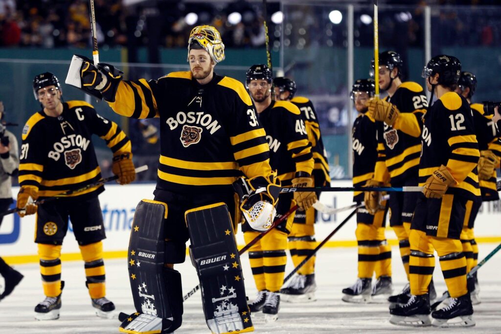 Linus Ullmark and Jeremy Swayman Boston Bruins Unsigned Celebrate Winning The 2023 Discover NHL Winter Classic Photograph