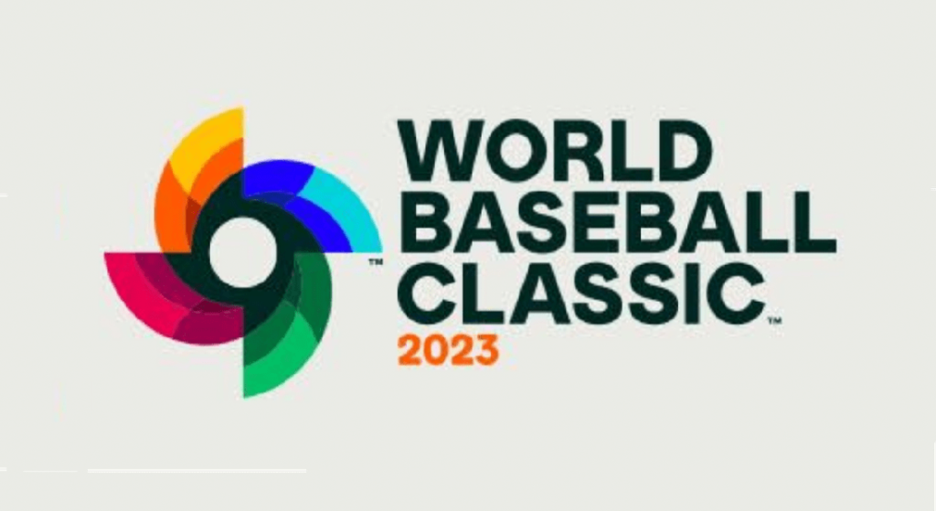 2023 World Baseball Classic logo has the words World Baseball Classic in green and 2023 in orange stacked upon one another