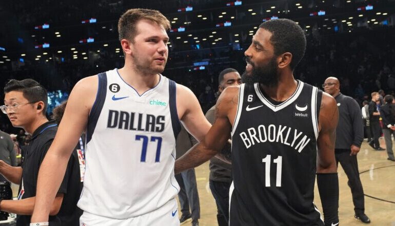 Kyrie Irving talking with now current teammate Luka Doncic after a Mavericks VS Nets matchup.