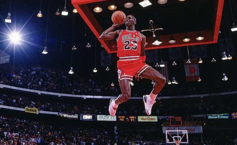 Michael Jordan soaring from the free throw line during NBA All-Star weekend in 1987.
