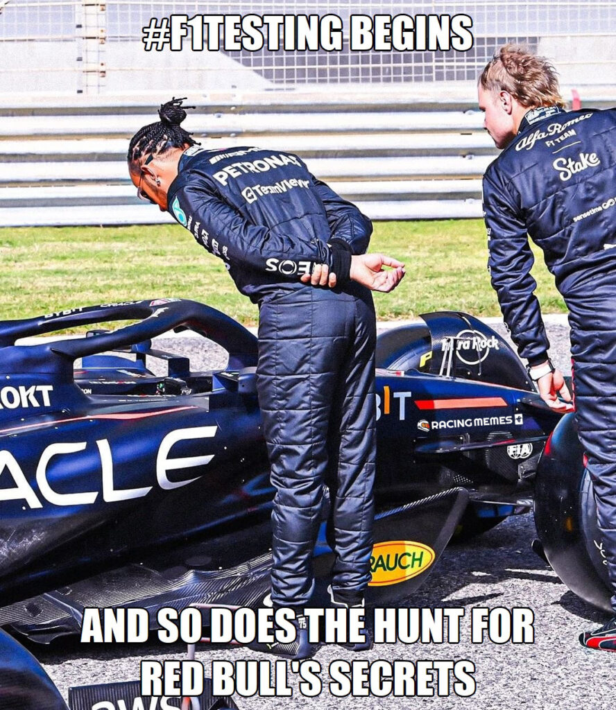 Meme of Lewis Hamilton (Mercedes) and Valteri Bottas (Alfa Romeo) looking at the Red Bull of Max Verstappen during testing. (Twitter: @racingmemes56)