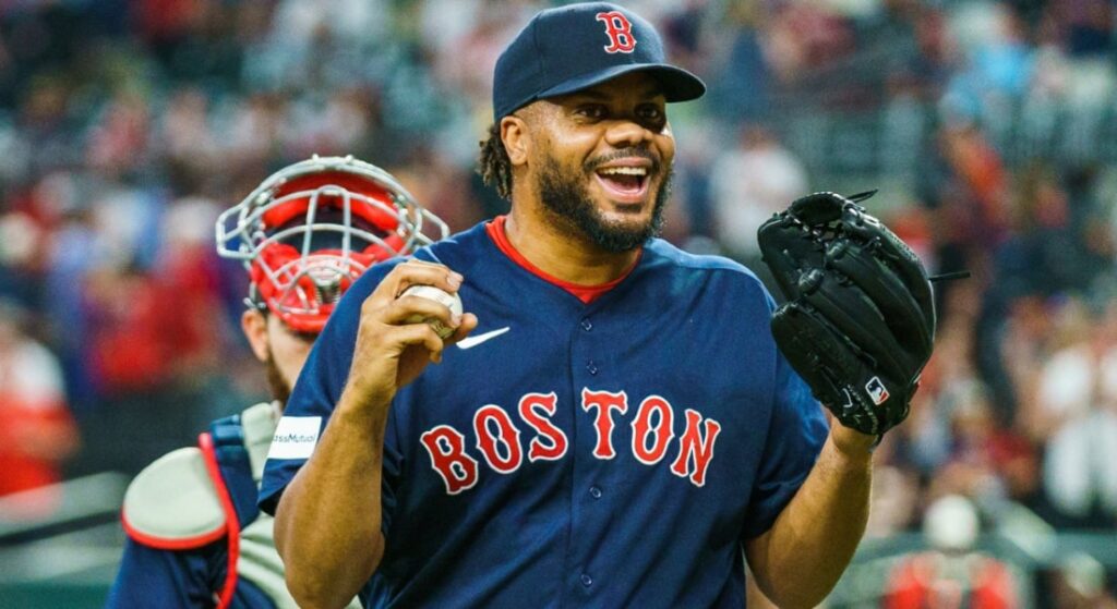 Red Sox closer Kenley Jansen smiling after closing out a Boston win. 