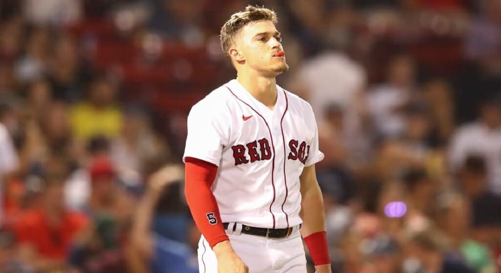 2023 MLB All-Star candidate, Red Sox Kiké Hernandez, looks blankly in disgust.  